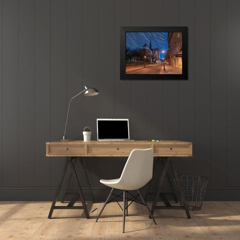 Star Trails above Notre-Dame de Paris Black Modern Wood Framed Art Print by Frank, Assaf