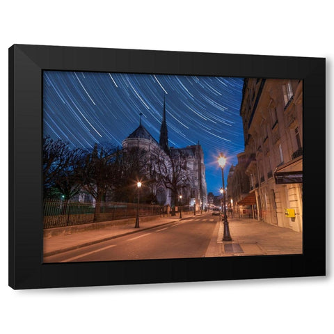 Star Trails above Notre-Dame de Paris Black Modern Wood Framed Art Print by Frank, Assaf