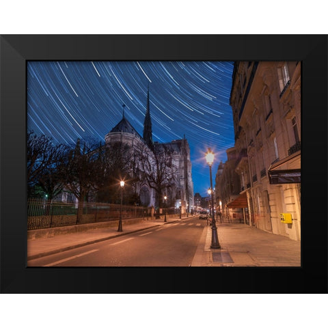 Star Trails above Notre-Dame de Paris Black Modern Wood Framed Art Print by Frank, Assaf