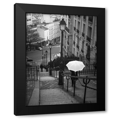 Woman with white umbrella standing on staircase in Montmartre, Paris, France Black Modern Wood Framed Art Print by Frank, Assaf