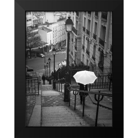 Woman with white umbrella standing on staircase in Montmartre, Paris, France Black Modern Wood Framed Art Print by Frank, Assaf