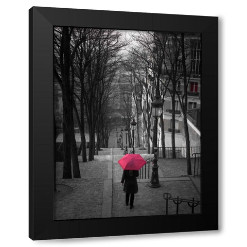 Woman with red umbrella standing on staircase in Montmartre, Paris, France Black Modern Wood Framed Art Print by Frank, Assaf