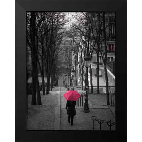 Woman with red umbrella standing on staircase in Montmartre, Paris, France Black Modern Wood Framed Art Print by Frank, Assaf