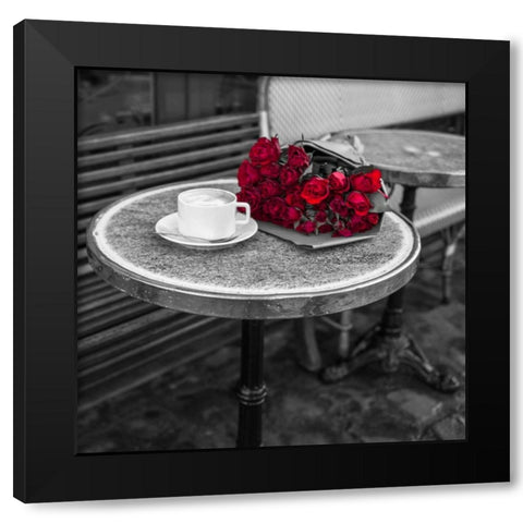 Bunch of flowers on sidewalk cafe table, Paris, France Black Modern Wood Framed Art Print by Frank, Assaf