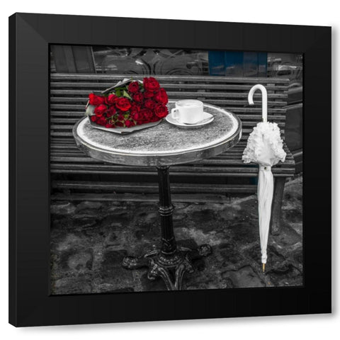 Bunch of flowers on sidewalk cafe table, Paris, France Black Modern Wood Framed Art Print by Frank, Assaf