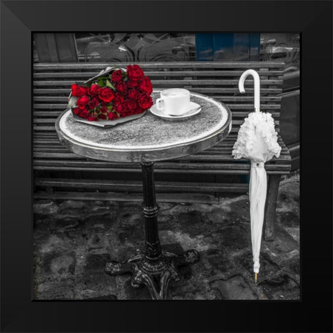 Bunch of flowers on sidewalk cafe table, Paris, France Black Modern Wood Framed Art Print by Frank, Assaf