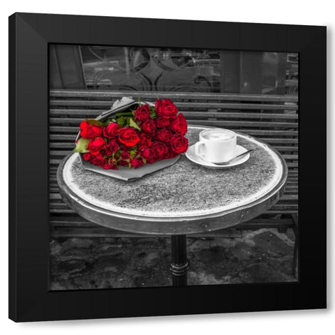 Bunch of flowers on sidewalk cafe table, Paris, France Black Modern Wood Framed Art Print by Frank, Assaf
