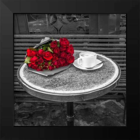 Bunch of flowers on sidewalk cafe table, Paris, France Black Modern Wood Framed Art Print by Frank, Assaf