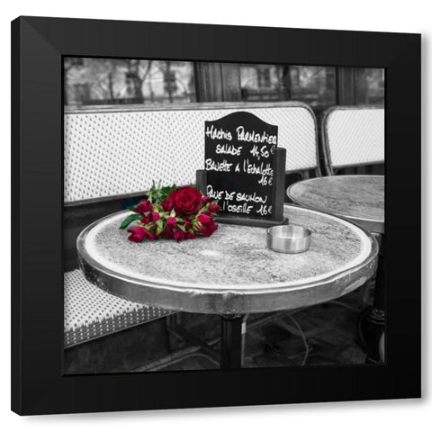 Bunch of flowers on sidewalk cafe table, Paris, France Black Modern Wood Framed Art Print by Frank, Assaf