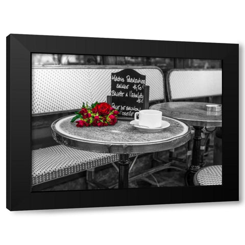 Bunch of flowers on sidewalk cafe table, Paris, France Black Modern Wood Framed Art Print by Frank, Assaf