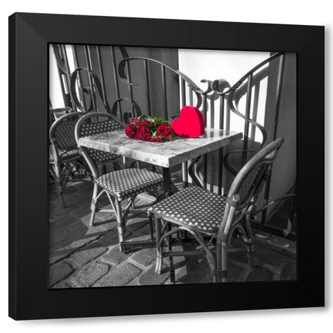 Bunch of roses on a table with heart shapped gift box Black Modern Wood Framed Art Print by Frank, Assaf