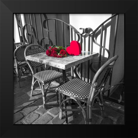 Bunch of roses on a table with heart shapped gift box Black Modern Wood Framed Art Print by Frank, Assaf