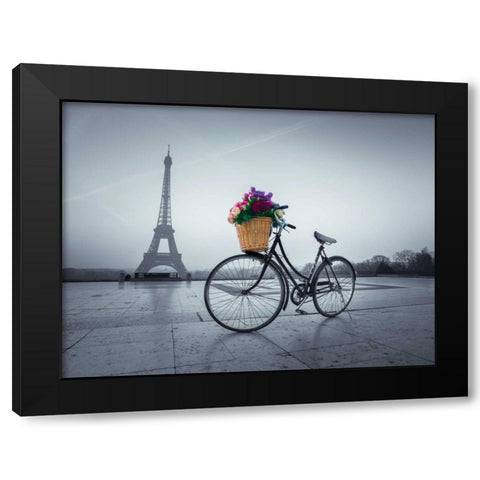 Bicycle with a basket of flowers next to the Eiffel tower, Paris, France Black Modern Wood Framed Art Print by Frank, Assaf