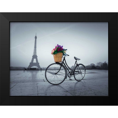 Bicycle with a basket of flowers next to the Eiffel tower, Paris, France Black Modern Wood Framed Art Print by Frank, Assaf