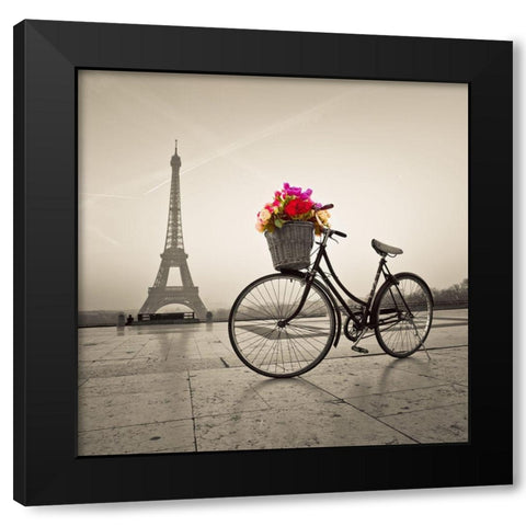 Bicycle with a basket of flowers next to the Eiffel tower Black Modern Wood Framed Art Print by Frank, Assaf