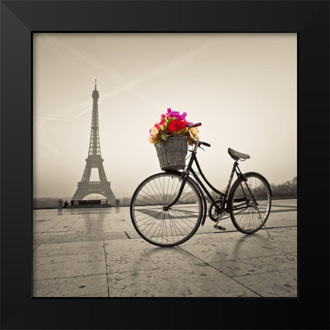 Bicycle with a basket of flowers next to the Eiffel tower Black Modern Wood Framed Art Print by Frank, Assaf