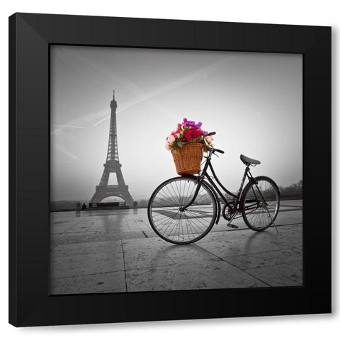 Bicycle with a basket of flowers next to the Eiffel tower Black Modern Wood Framed Art Print by Frank, Assaf