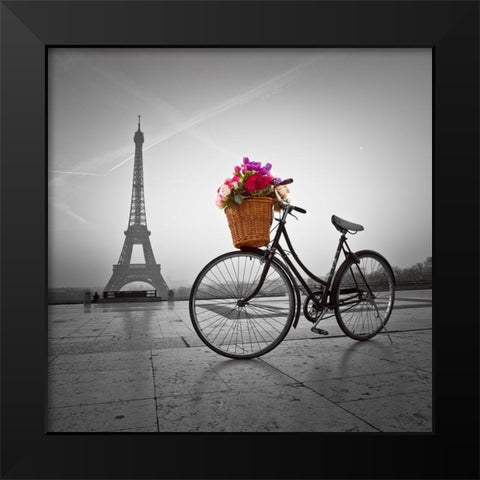 Bicycle with a basket of flowers next to the Eiffel tower Black Modern Wood Framed Art Print by Frank, Assaf