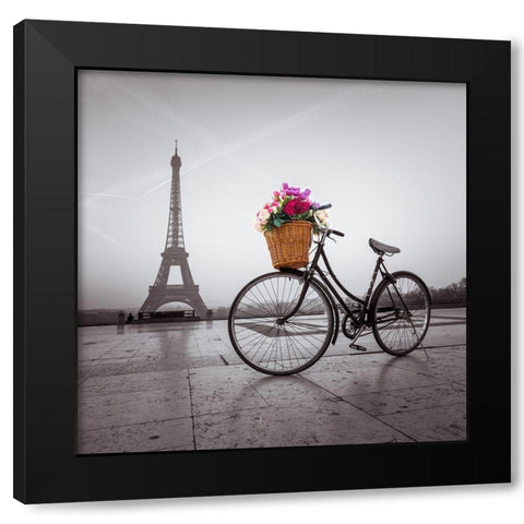 Bicycle with a basket of flowers next to the Eiffel tower Black Modern Wood Framed Art Print by Frank, Assaf