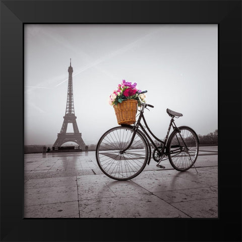 Bicycle with a basket of flowers next to the Eiffel tower Black Modern Wood Framed Art Print by Frank, Assaf