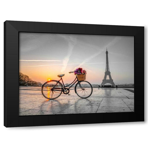 Bicycle with a basket of flowers next to the Eiffel tower, Paris, France Black Modern Wood Framed Art Print by Frank, Assaf
