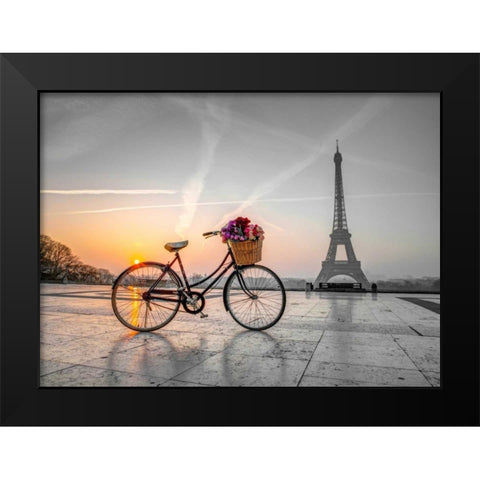 Bicycle with a basket of flowers next to the Eiffel tower, Paris, France Black Modern Wood Framed Art Print by Frank, Assaf