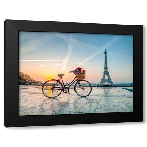 Bicycle and Eiffel tower Black Modern Wood Framed Art Print by Frank, Assaf