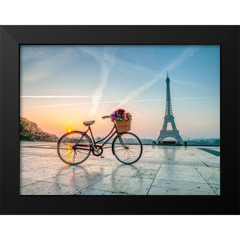 Bicycle and Eiffel tower Black Modern Wood Framed Art Print by Frank, Assaf
