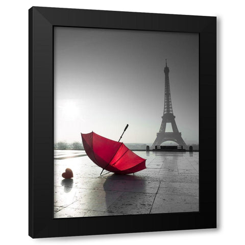 Two umbrellas next to the Eiffel tower Black Modern Wood Framed Art Print by Frank, Assaf