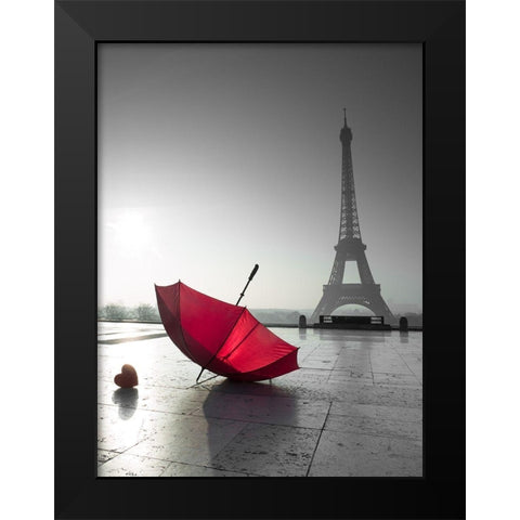 Two umbrellas next to the Eiffel tower Black Modern Wood Framed Art Print by Frank, Assaf