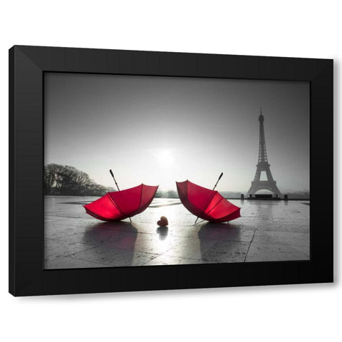 Two umbrellas next to the Eiffel tower Black Modern Wood Framed Art Print by Frank, Assaf
