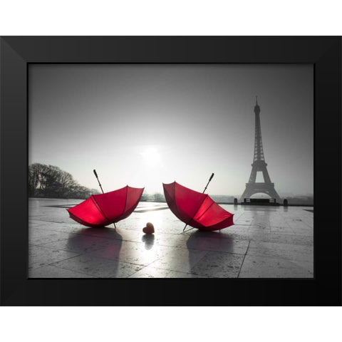 Two umbrellas next to the Eiffel tower Black Modern Wood Framed Art Print by Frank, Assaf