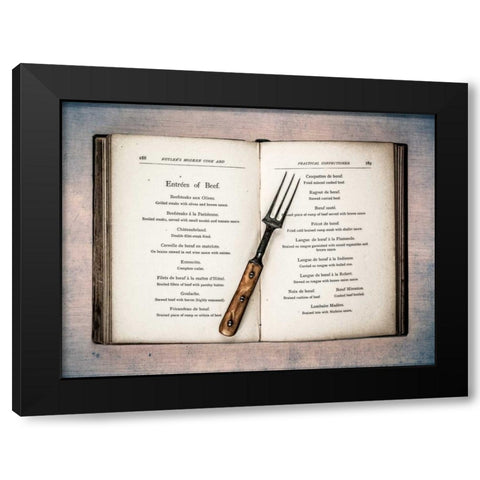 Old cookery book open with an old fork spoon Black Modern Wood Framed Art Print by Frank, Assaf