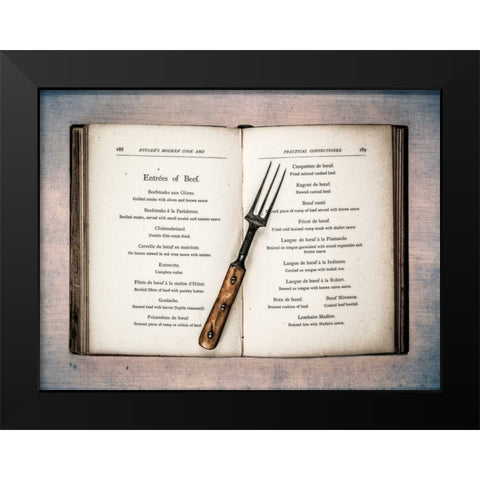 Old cookery book open with an old fork spoon Black Modern Wood Framed Art Print by Frank, Assaf