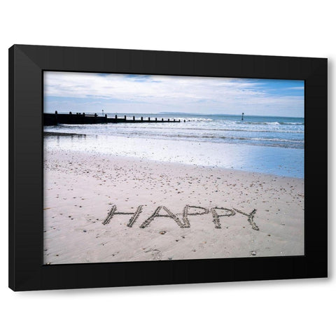 HAPPY written on beach Black Modern Wood Framed Art Print by Frank, Assaf