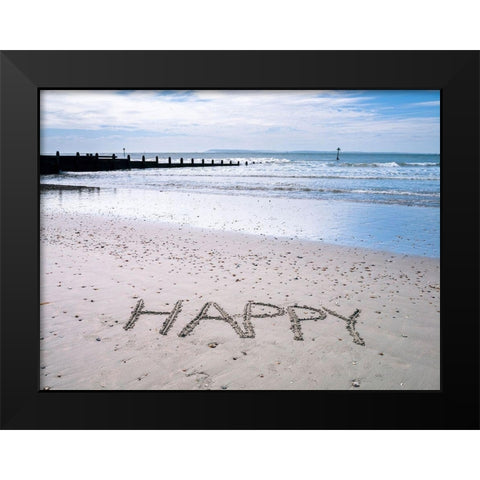 HAPPY written on beach Black Modern Wood Framed Art Print by Frank, Assaf