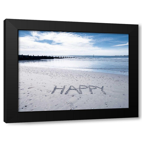 HAPPY message written in smooth sand at the beach Black Modern Wood Framed Art Print by Frank, Assaf