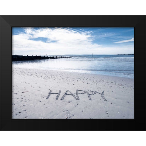 HAPPY message written in smooth sand at the beach Black Modern Wood Framed Art Print by Frank, Assaf