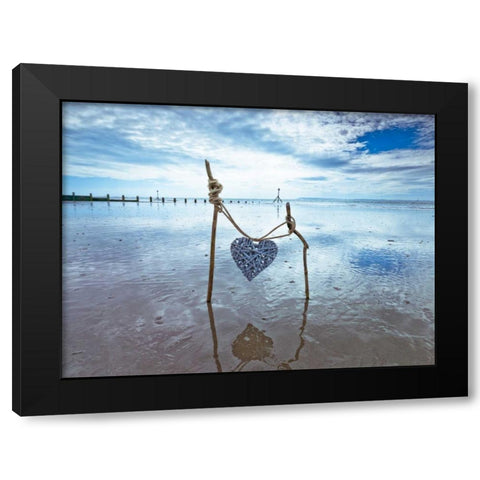 Heart tied up on wooden sticks at the beach Black Modern Wood Framed Art Print by Frank, Assaf