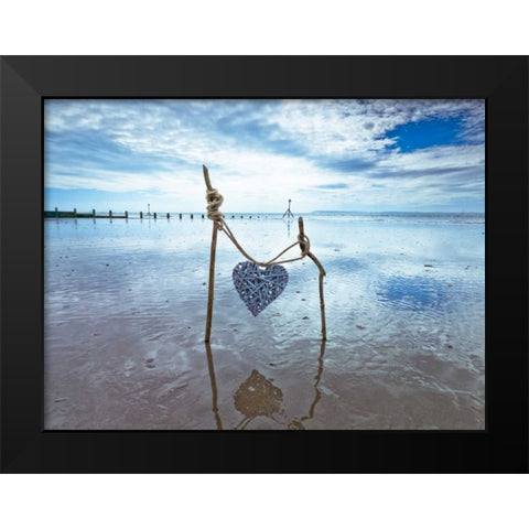 Heart tied up on wooden sticks at the beach Black Modern Wood Framed Art Print by Frank, Assaf