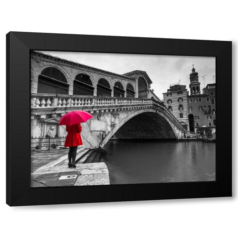A woman in a red dress holding red umbrella and standing next to the Rialto bridge, Venice, Italy Black Modern Wood Framed Art Print by Frank, Assaf