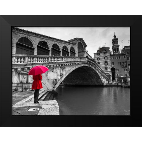 A woman in a red dress holding red umbrella and standing next to the Rialto bridge, Venice, Italy Black Modern Wood Framed Art Print by Frank, Assaf