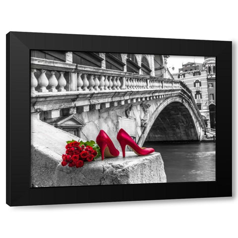 Bunch of red roses and red high heel shoes, Rialto Bridge, Venice, Italy Black Modern Wood Framed Art Print by Frank, Assaf