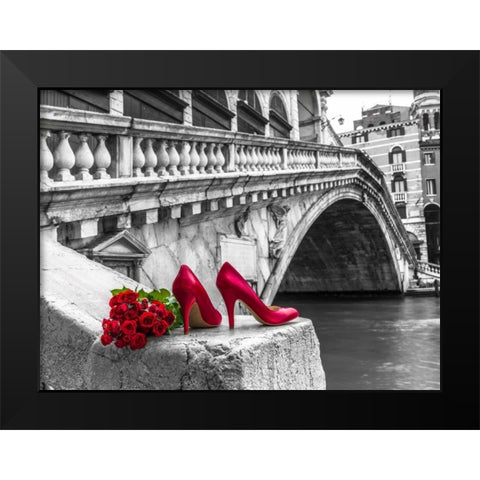 Bunch of red roses and red high heel shoes, Rialto Bridge, Venice, Italy Black Modern Wood Framed Art Print by Frank, Assaf