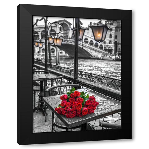 Bunch of red roses on street cafe table-Rialto Bridge-Venice-Italy Black Modern Wood Framed Art Print by Frank, Assaf