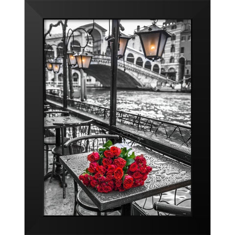 Bunch of red roses on street cafe table-Rialto Bridge-Venice-Italy Black Modern Wood Framed Art Print by Frank, Assaf