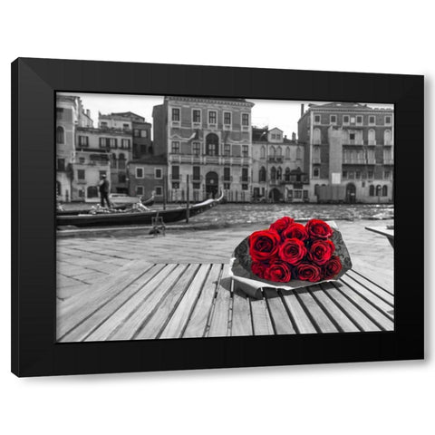 Bunch of red roses on street cafe table near canal, Venice, Italy Black Modern Wood Framed Art Print by Frank, Assaf