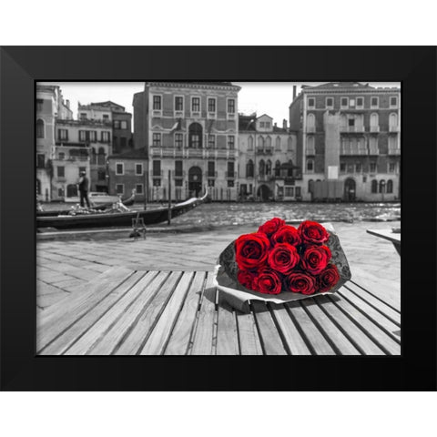 Bunch of red roses on street cafe table near canal, Venice, Italy Black Modern Wood Framed Art Print by Frank, Assaf