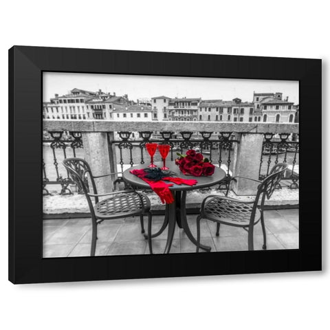 Bunch of Roses with wine glasses and female hand gloves on cafe table, Venice, Italy Black Modern Wood Framed Art Print by Frank, Assaf