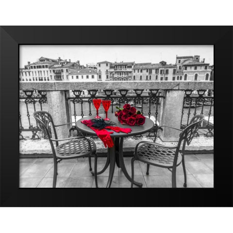 Bunch of Roses with wine glasses and female hand gloves on cafe table, Venice, Italy Black Modern Wood Framed Art Print by Frank, Assaf